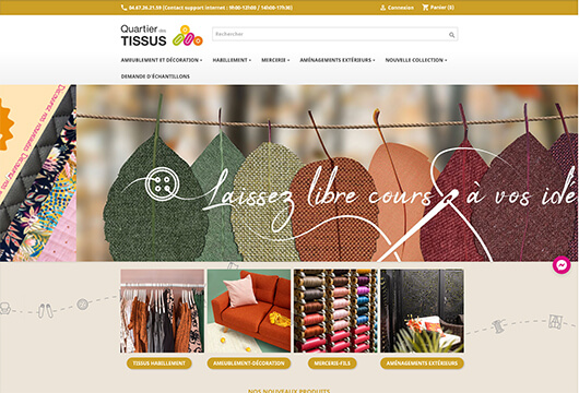 Preview du site e-commerce Quartier des tissus, hébergé sur les serveurs web d’Infolien, agence Web Marketing à Sète